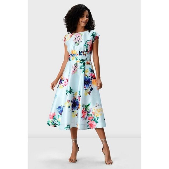 Eshakti Watercolor floral print dupioni pleated empire dress size Medium - Picture 1 of 12